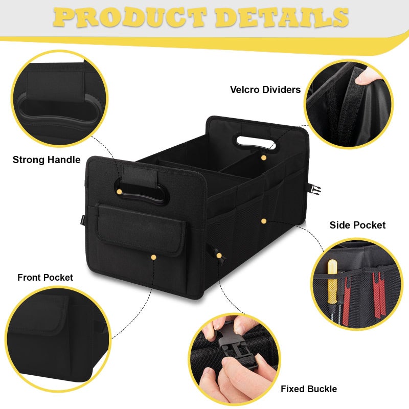 JiatuA Car Trunk Organizer, Car Organizers and Storage Collapsible Multi Compartment Container Box, Adjustable Car Accessories for SUV Sedan Truck, Standard Size, Black - Image 3